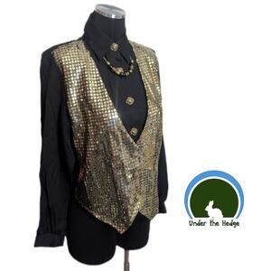 NWT Vtg 80s Joanna Black Shiny Gold Layered Crop Blouse Small punk indie glam